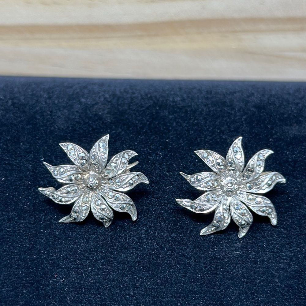 Sterling silver flower rhinestone clip on earrings 925